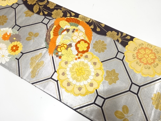 JAPANESE KIMONO / FUKURO OBI FOR FURISODE / SILK / WOVEN PHOENIX & FLORAL ROUNDEL CREST & WEEPING SAKURA